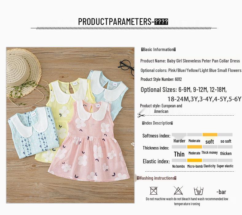 Ärmelloses Mädchen-Prinzessinkleid mit Peter-Pan-Kragen aus bedrucktem Baumwollleinen