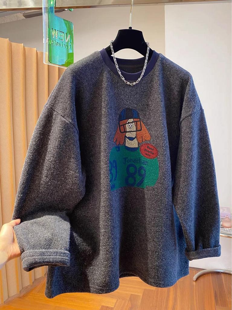 Women's 2025 Cartoon Print Woolen Long Sleeve T-shirt: Loose, Warm, Plus Velvet, Brushed Inner Layer