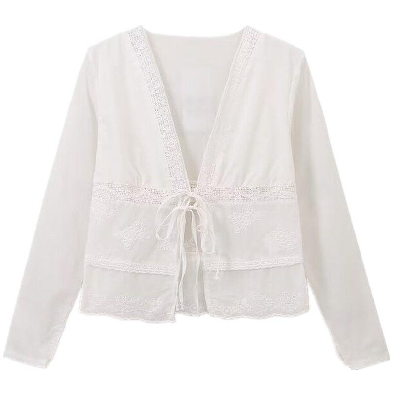 Fashion Style 2024 Autumn New Women's Clothing Easiest for Match Cotton Comfortable Long Sleeve White V-neck Shirt 0881046