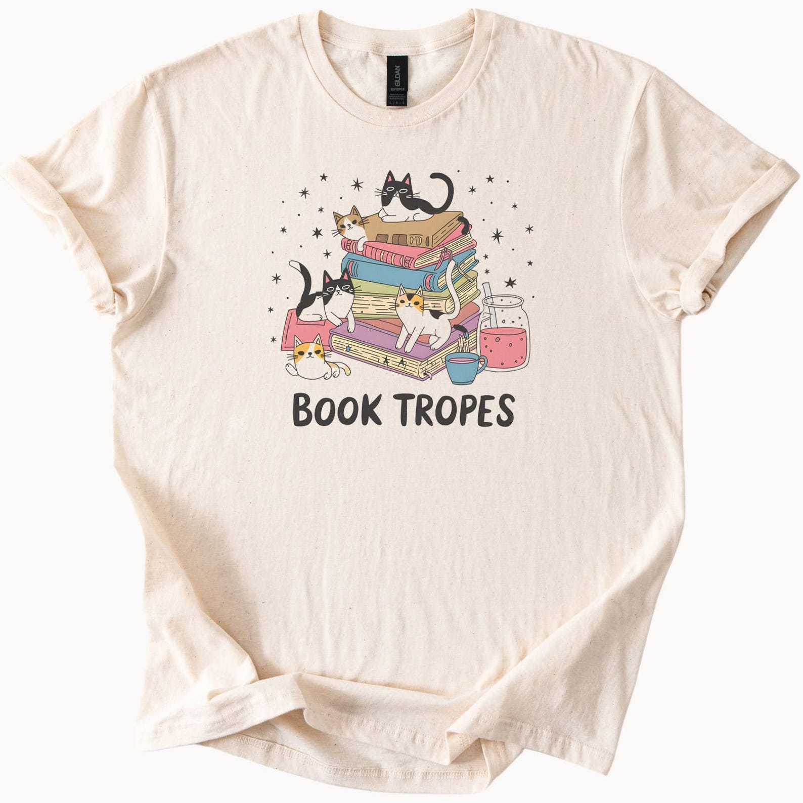 Book Tropes Graphic Tee Cute Cats Reading Stack of Books Literary Shirt Cat Lover Gift Bookworm Aesthetic Readers T Shirt 130