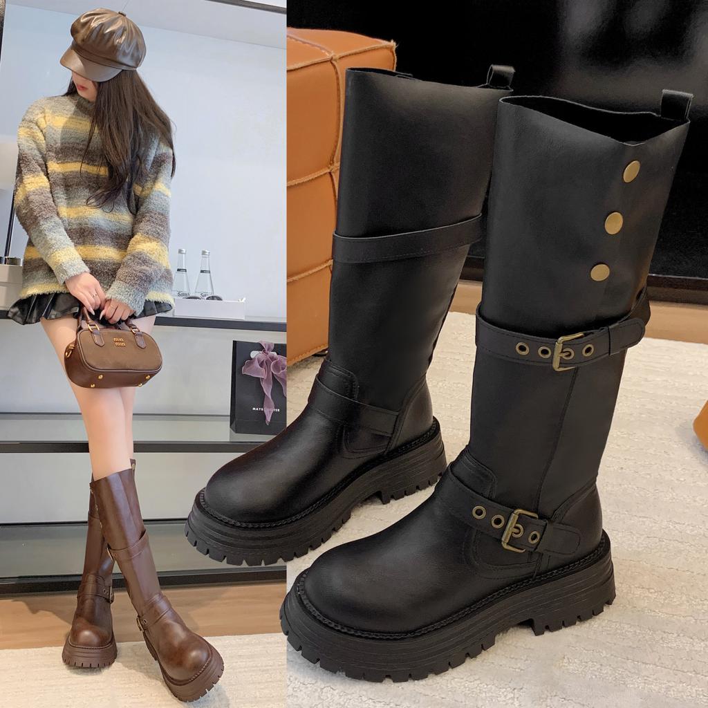Brown boots Maillard boots women's thick legs 2025 new summer retro two wear thick-soled high knight boots
