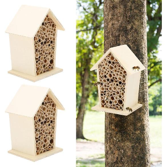2PCS Wooden Bee House, Wood Bee Room Shelter, Wooden Hotel, Lovely Outdoor Bee Home, Garden Decoration for Outdoors Attracts Bee Pollinators