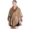 920 Womens Faux Rabbit Fur Collar Knit Cape Cardigan Loose Fit Plaid Winter Coat