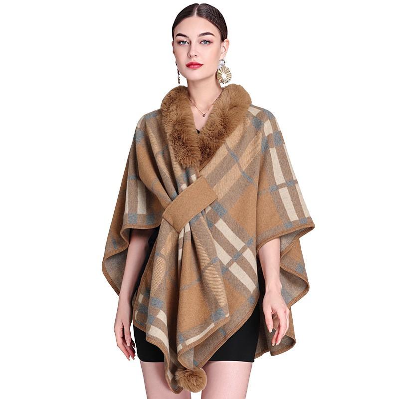 920 Womens Faux Rabbit Fur Collar Knit Cape Cardigan Loose Fit Plaid Winter Coat