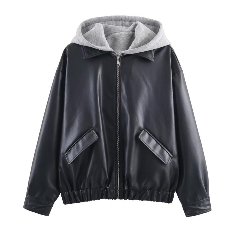 Womens Oversized Faux Leather Patchwork Hooded
