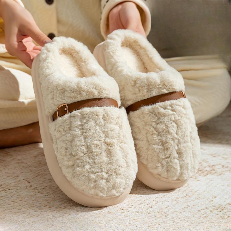 Cotton Slippers with Toe Caps for Warmth, Thickened Plush and Soft-soled Home Shoes for Women