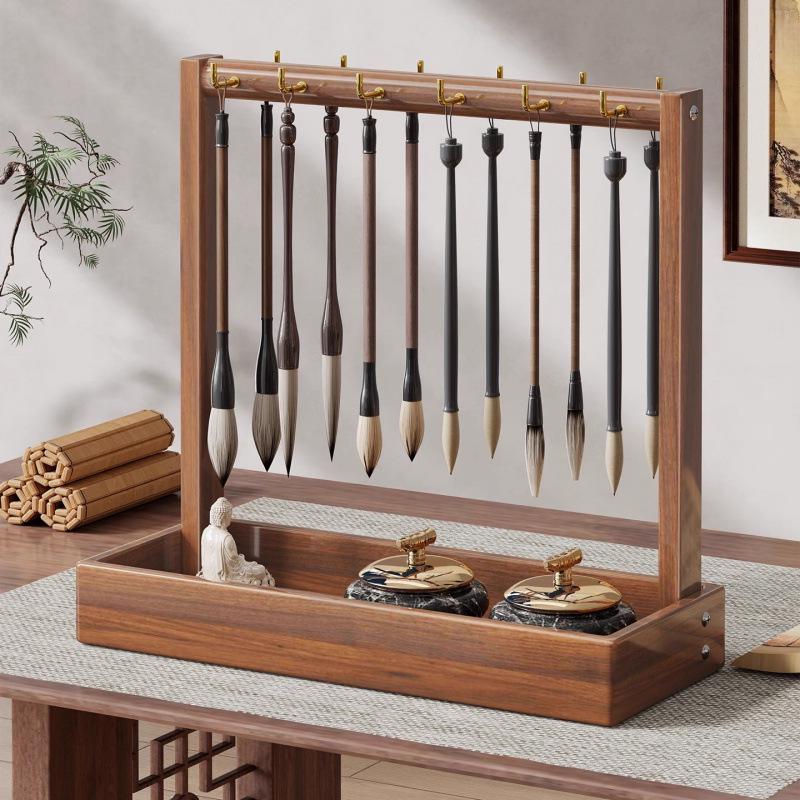 Solid Wood Calligraphy Brush Holder: Desktop Pen Rack with Scholar's Treasures Ornament and Metal Hook Design.