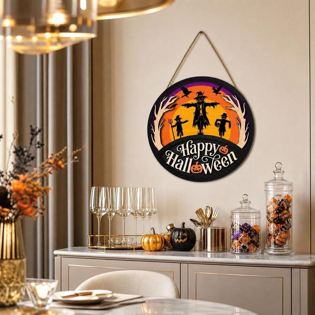 Wooden Halloween Hanging Sign Wall Decoration Scarecrow Pumpkin Design Party Festival Indoor Outdoor Hanging Ornament
