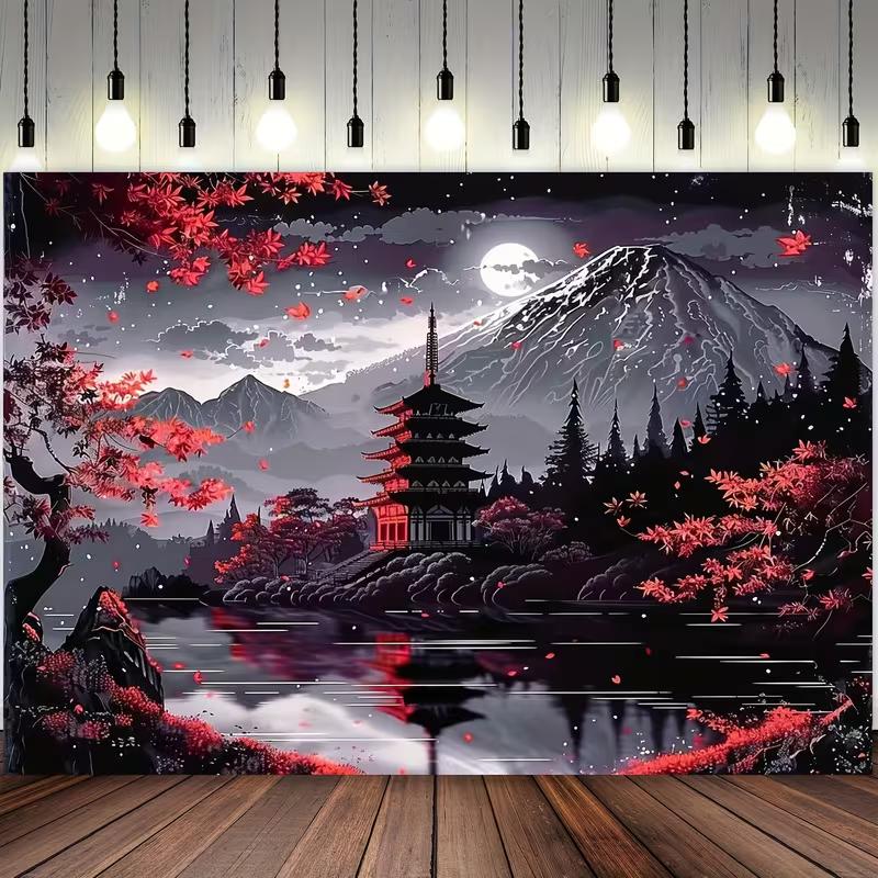 2D Japanese Night Scenery Backdrop, Mount Fuji & Pagoda Tapestry for Home & Studio