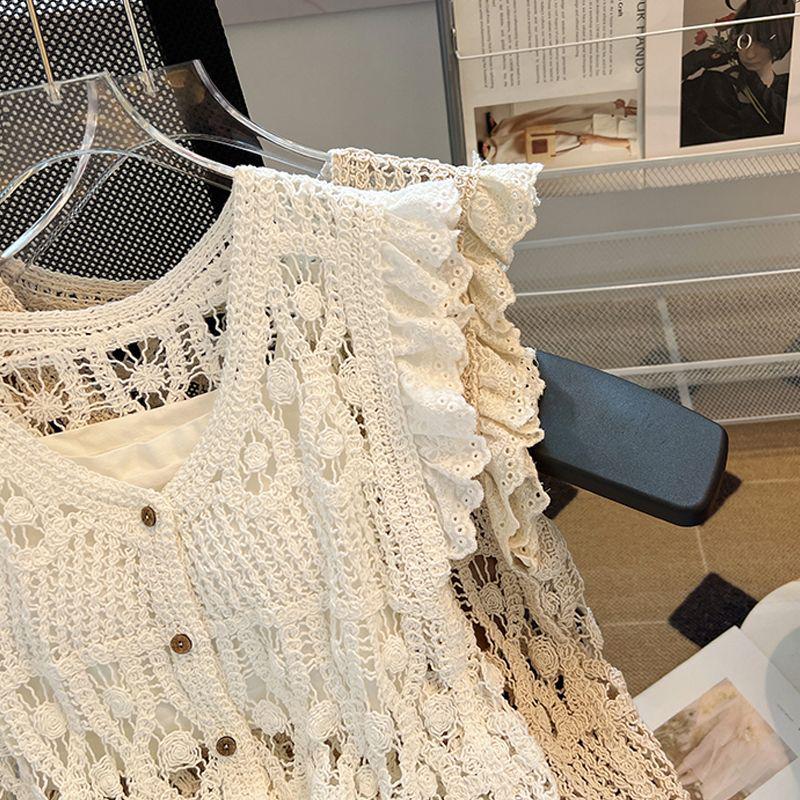 Women's White Short Crochet Knit Cardigan with Batwing Sleeves - Summer 2026 Fashion.