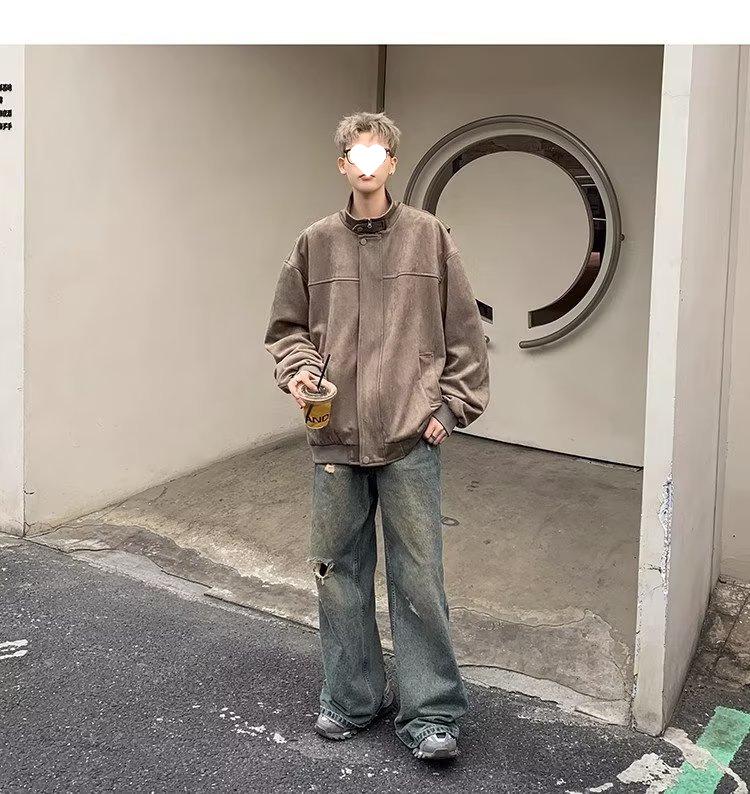 Men's Suede Plush Retro Stand Collar Jacket - Spring/Autumn 2025 Trendy Loose Fit