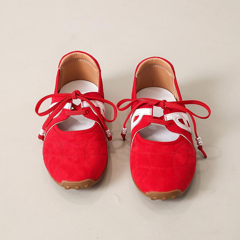 Round head red lace-up ballet 2025 autumn soft leather original single shallow mouth women's shoes casual flat Mary Jane women's single shoes