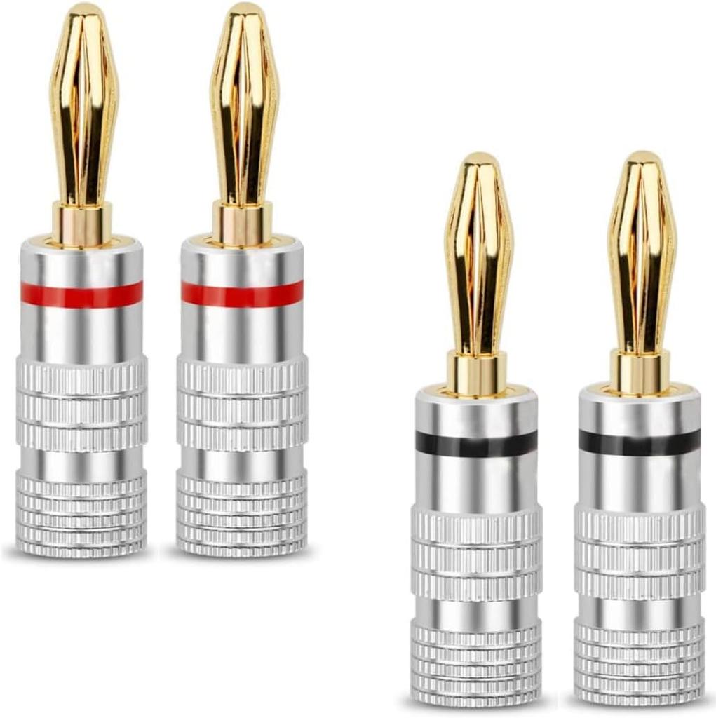 Banana Plugs 2 Pair/ 4 Pcs, 24K Gold Plated Dual Screws Jack Connectors for Amplifier, Speakers, Receiver