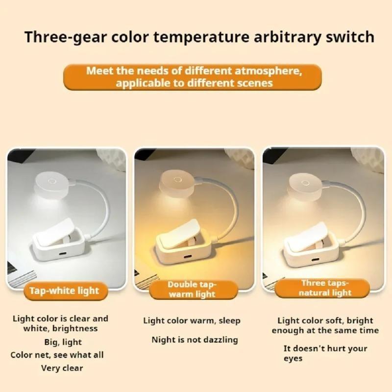 Folding Mini Clip‑on Rechargeable LED Book Lamp, 3 Modes Eye‑Protection Dimmable Light for Bedroom Desk Reading Study Indoor Daily Use Supplies