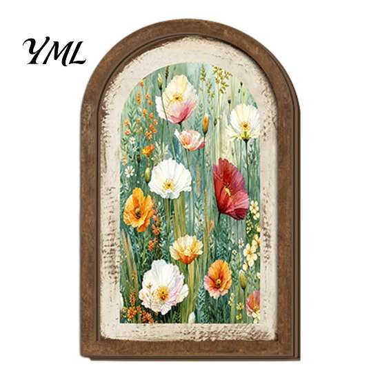 Farmhouse Style Wood Frame Arched Wooden Framed Wall Art, Wildflower Oil Painting Prints, Art Vintage Ornament for Living Room Bedroom Entryway,