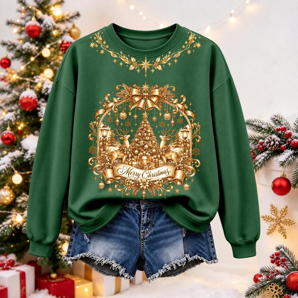 Women's Christmas Print Long Sleeve Top Casual Winter Comfortable Blouse for Holiday Wear