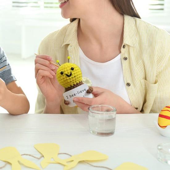 Positive Crochet Bee Doll with Encouraging Card Emotional Support Handmade Knitting Honeybee Animal Toy Decoration Ornament Kids Adults Birthday Gift