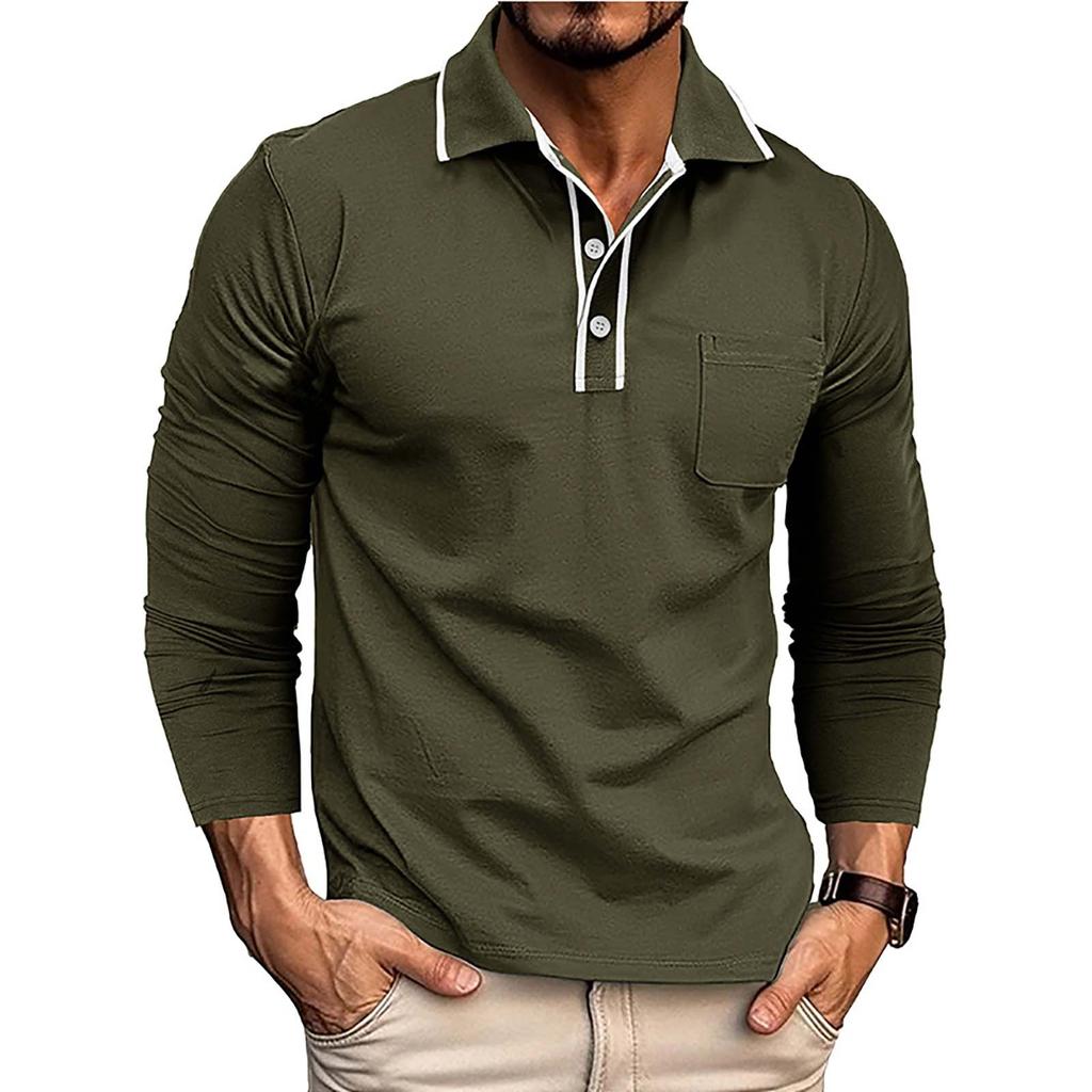 Men's Spring And Solid Color T-shirt Lapel 3 Button Open Placket Button Long Sleeved Top