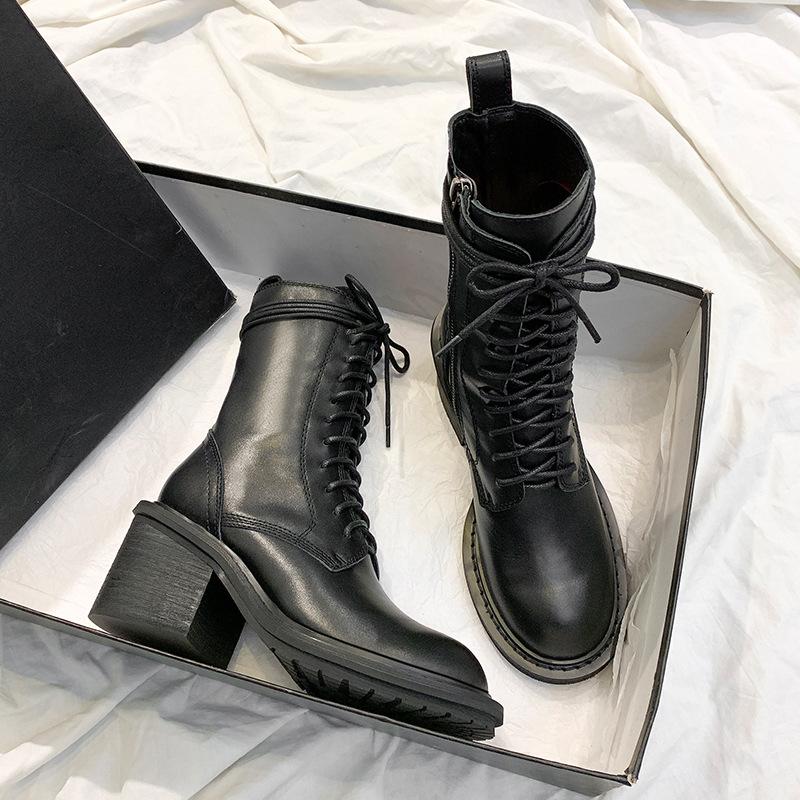 Cowhide Version~ Ann Martin Boots Women's 2025 Autumn and Winter New Versatile British Style Leather Locomotive Boots High-heeled Short Boots Women