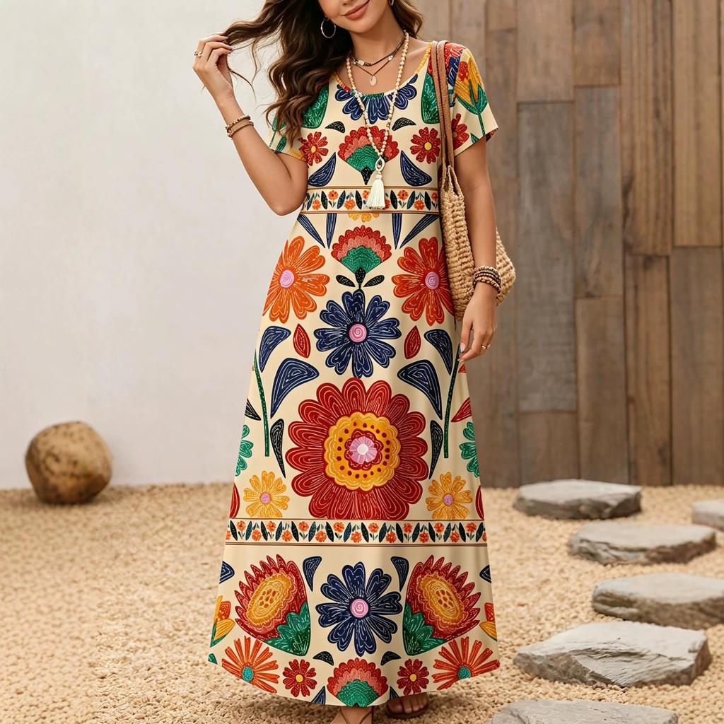 Large size women's vacation dress new full body plant flower print retro