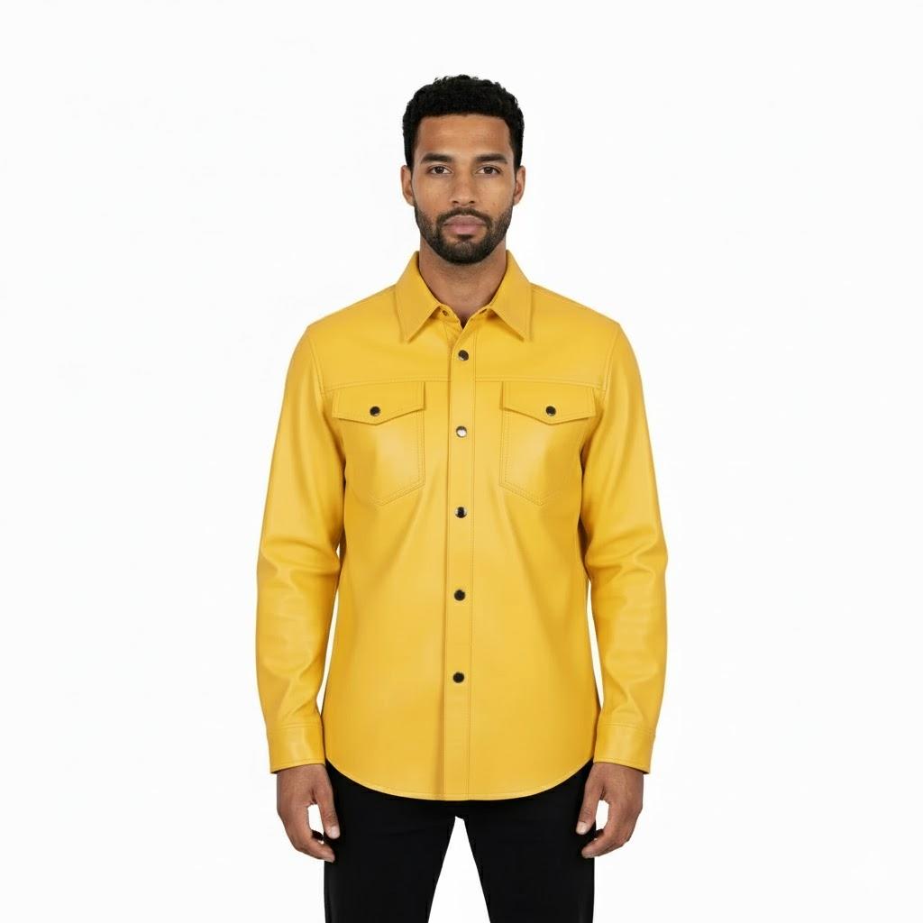 

Leather Men Shirt Real Lambskin Handmade Stylish Yellow Casual Biker Motorcycle 3XL жёлтый