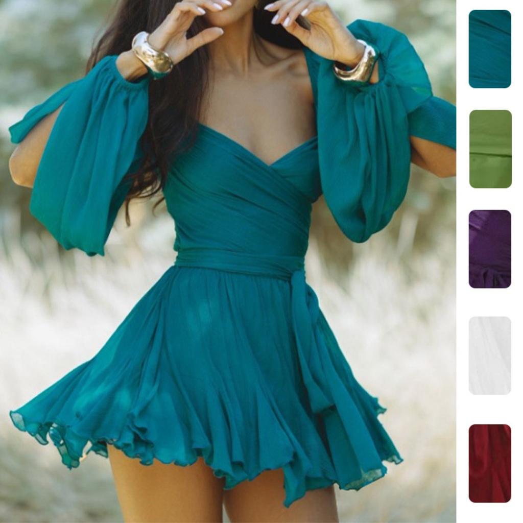 Women's V Neck Long Puff Sleeve Mini Dress Slim Fit Mid Waist Elegant Solid Wrap Chiffon Skater Mini Dress