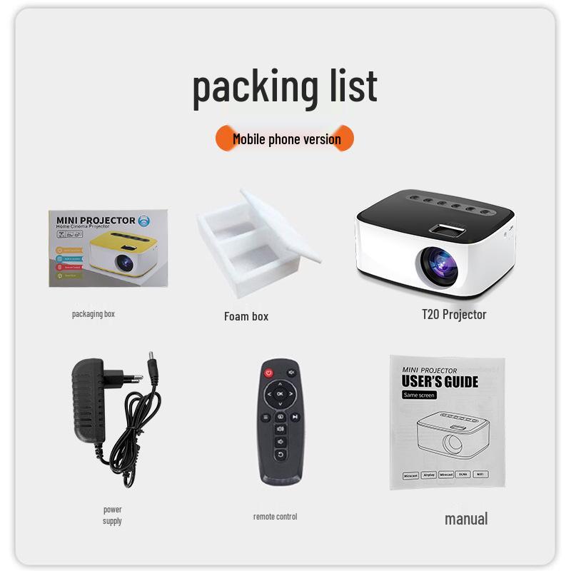 T20 Mini Wireless HD 1080p Mobile Projector for Home & Bedroom