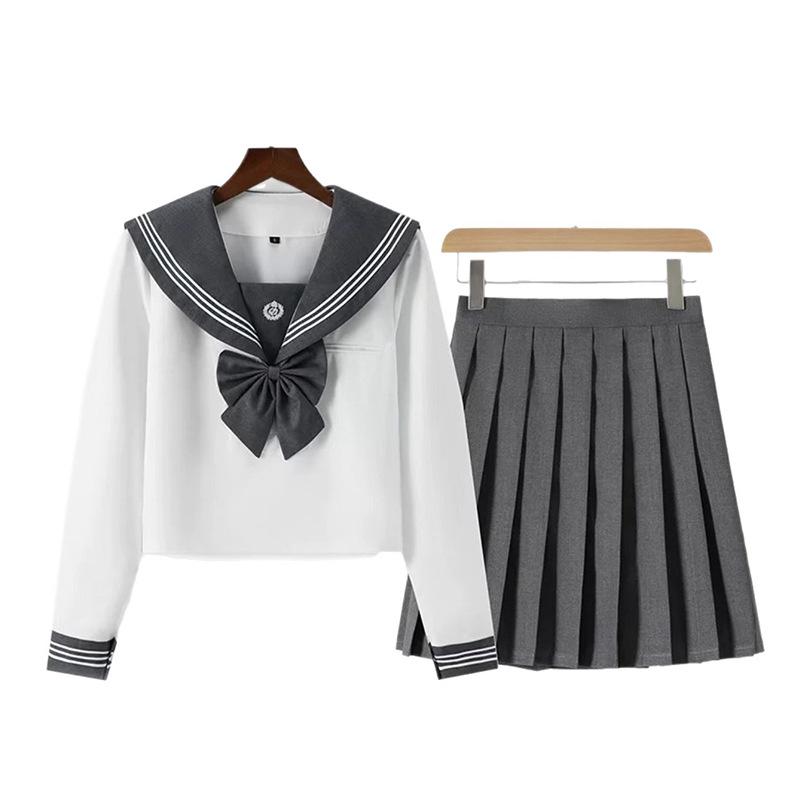 Japanese Embroidery Gray JK School Uniform: Sailor Suit with Short/Long Sleeves & Pleated Skirt for Spring/Autumn.