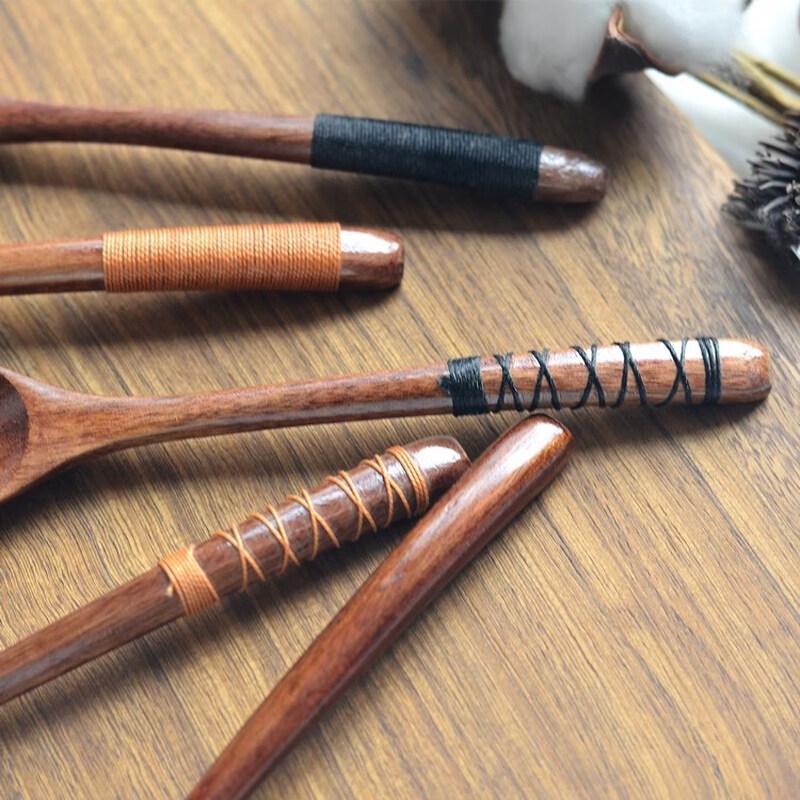 Decorative Thread Wrapped Nanmu Wooden Long Handle Spoon