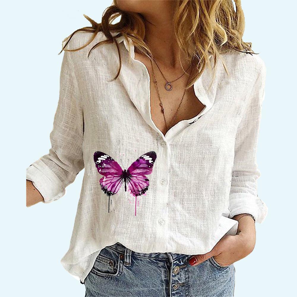 Женская мода блузки с принтом весна и осень повседневный льняной топ с длинными рукавами — фото 4