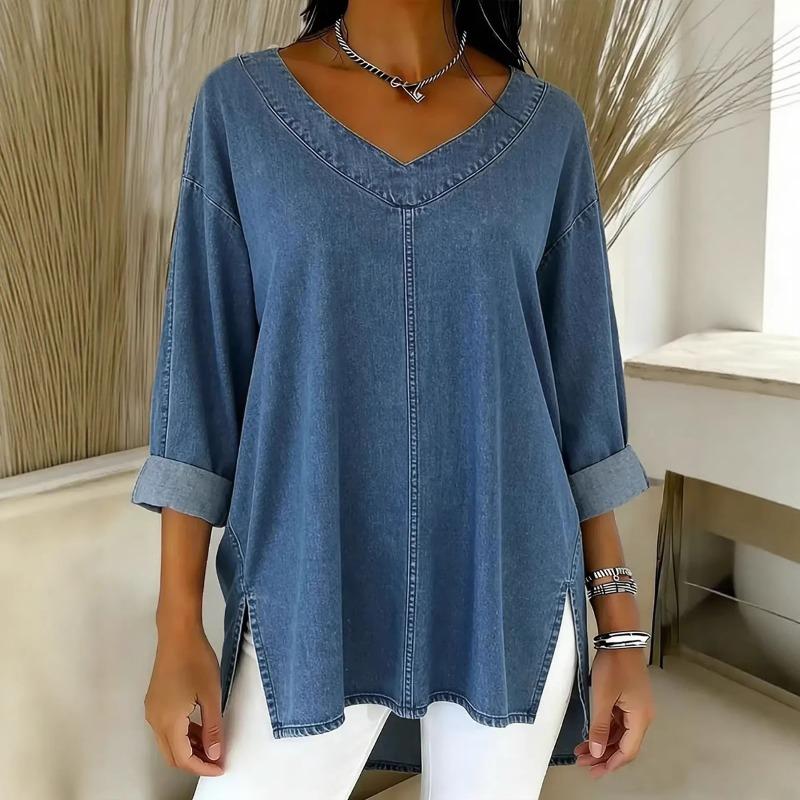 IHUASU Camicette e camicie da donna con scollo a V, maniche lunghe, stampa tinta unita casual alla moda