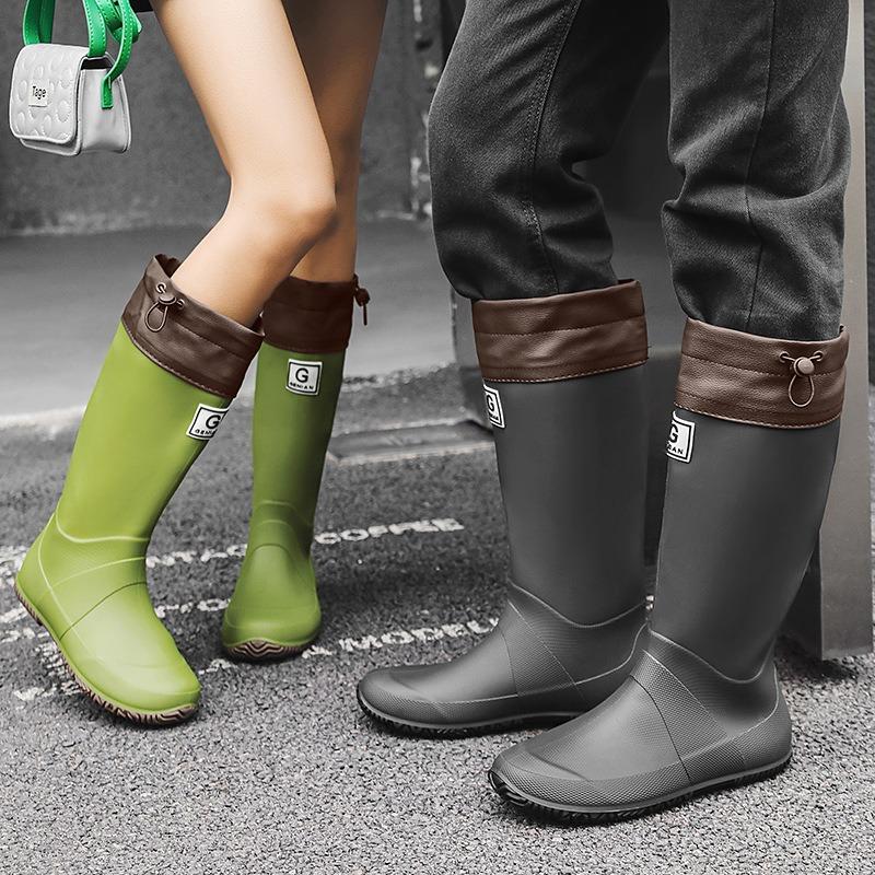 Men Women Rain Boots Fashion Long-Tube Rubber Shoes Non-Slip Fishing Boots Outdoor Waterproof Work Boots Couple Rubber Galoshes