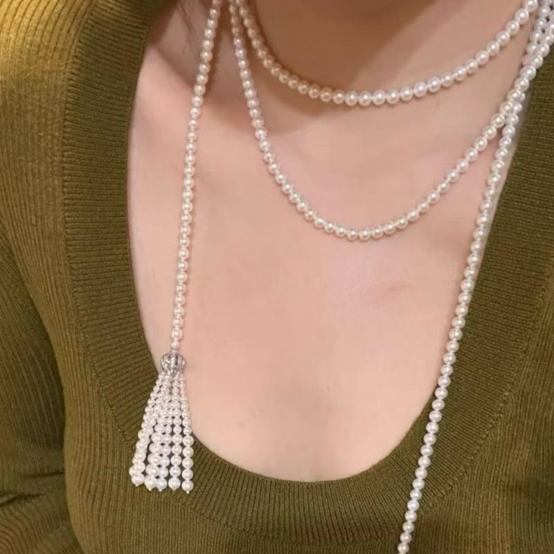 150cm Length 4-5mm AAA Grade Freshwater Pearl Pure Hand-Woven 925 Silver Charm Necklace Sweater Chain Tassel Style Women's