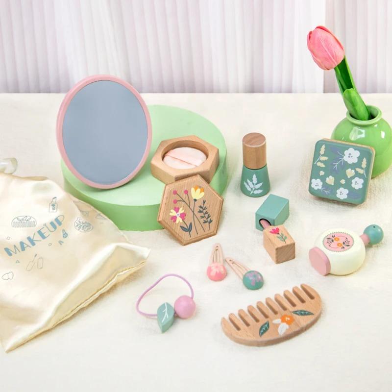Simulation Wooden Educational Kids Children Cleaning Games Makeup Set Pretend Play Hairdressing Tools Toys for Children Girls