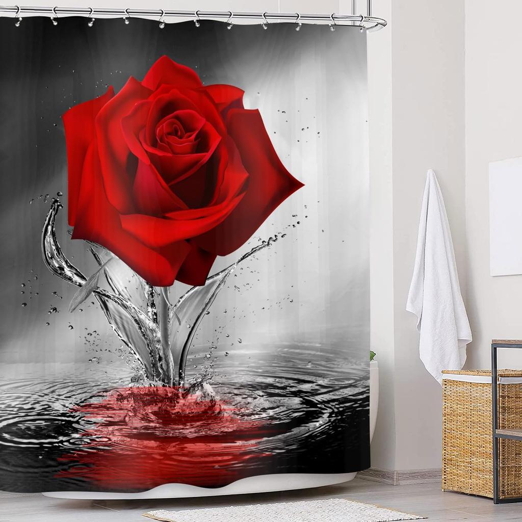 Rose Shower Curtain Romantic Floral Blossom Red Rose Reflection On Water Black And Red Bathroom Decor With Hooks