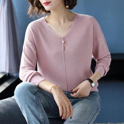 V-neck Sweater Loose Autumn Clothes Spring and Autumn Knitwear Short Bottom Shirt with Long Sleeve Top for Women