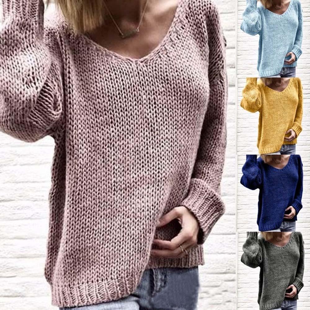 Women's Fashion V-neck Long Sleeve  Solid Color Sweaters and Knitted Sweaters