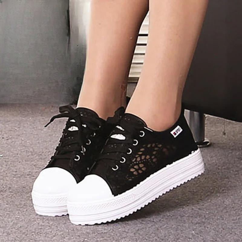 Women Shoes Fashion Summer Casual Shoes White Sneakers Cutouts Lace Canvas Hollow Breathable Platform Sneakers Tenis Feminino