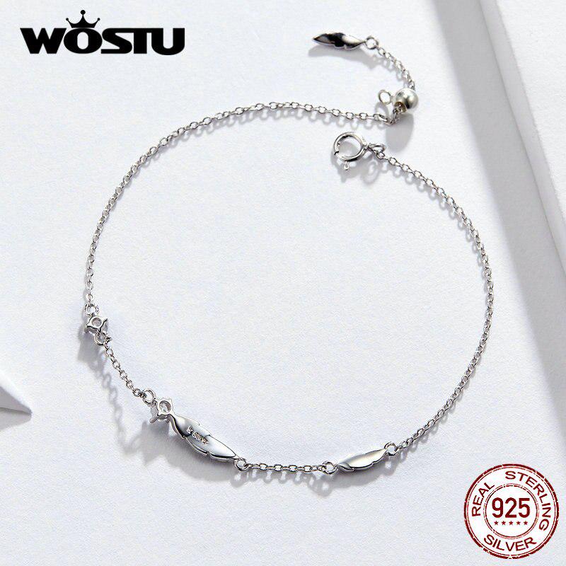 WOSTU European Style Feather Bracelets 925 Sterling Silver CZ Stone Chain Link Women Silver Jewelry