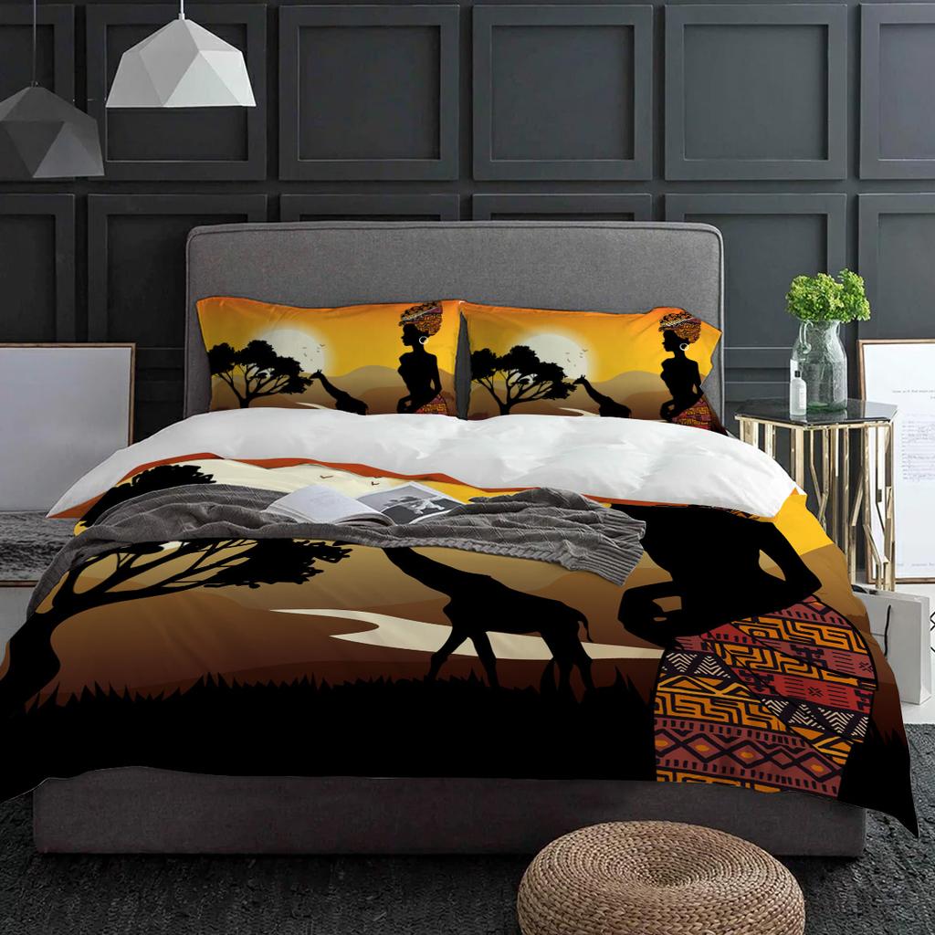 Afrikansk Kvinna Giraff Silhuetter Påslakan Med Örngott Anpassat 3st Sängklädesset Täcke Dubbelsäng Hemtextil