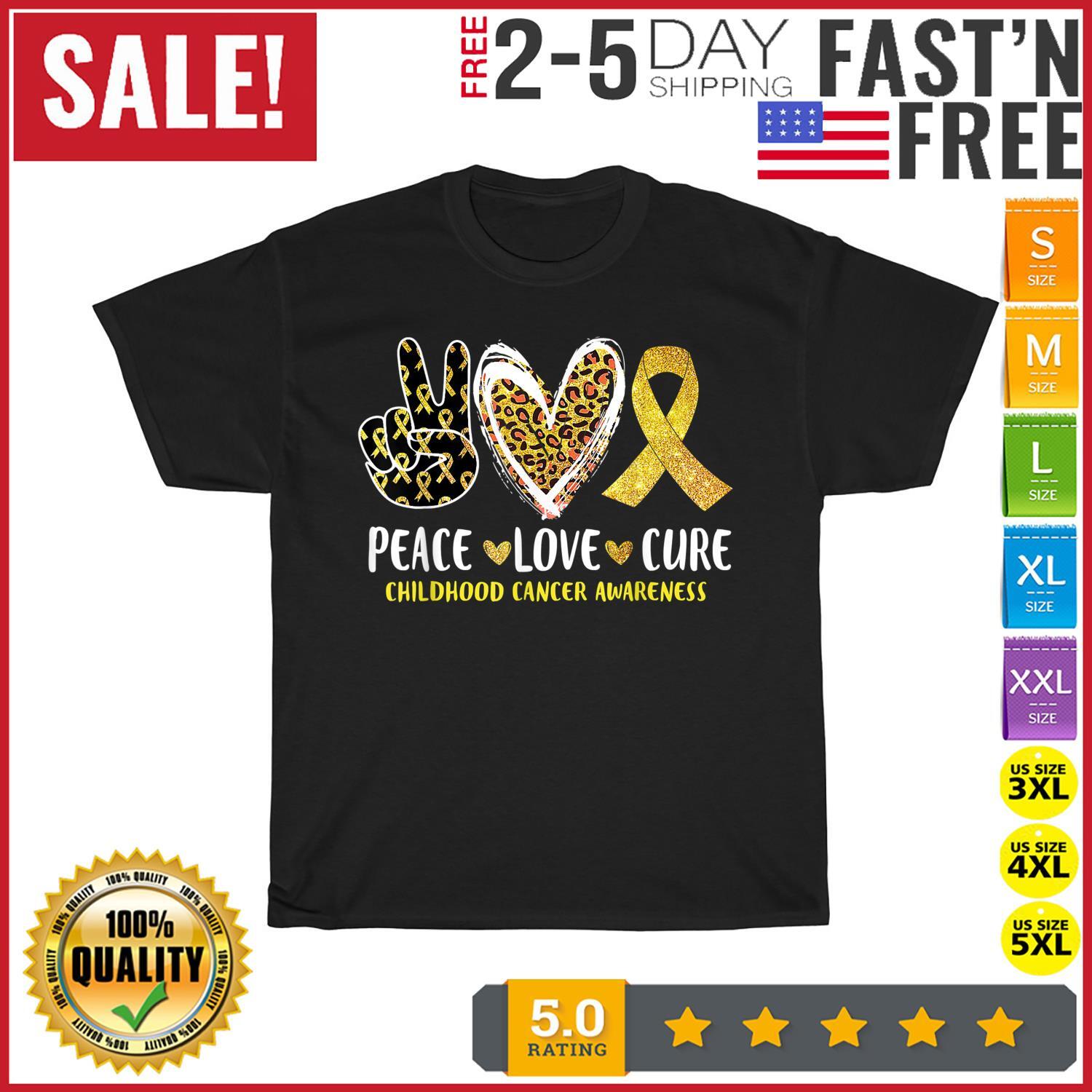 

Peace Love Cure Childhood Cancer Awareness Leopart Heart T Shirt Men Women NEW 3XL