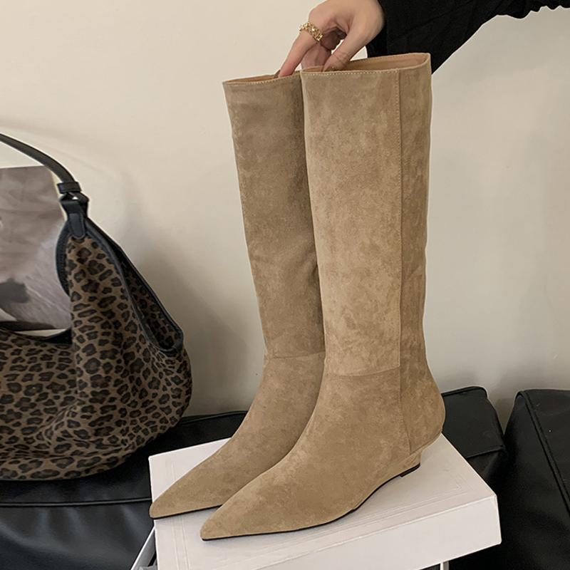 Mode Liyke Designer Frau Niedrige Keilabsätze Mode Stiefel Vintage Spitzschuh Kniehoch Schuhe Damen Party Tanz Lange Stiefeletten Größe 40