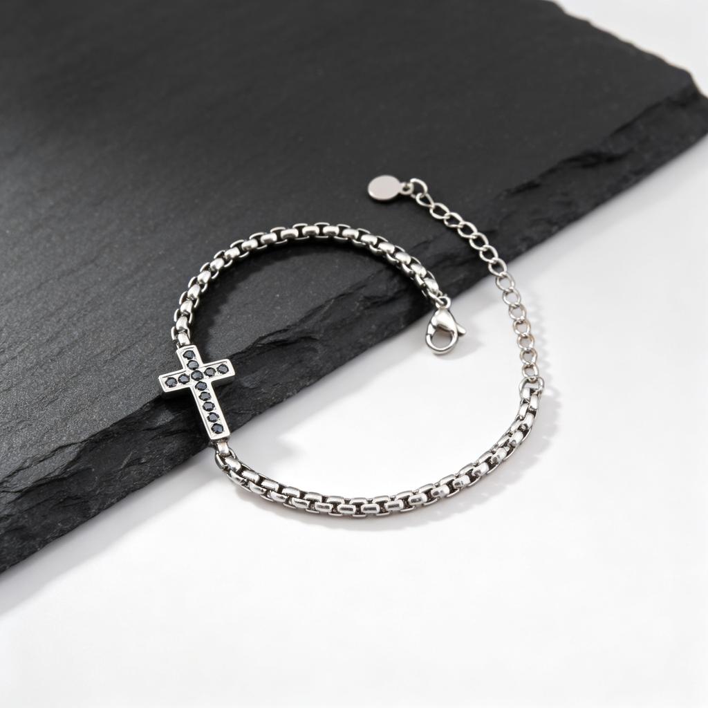 Stylsih Stainless Steel Men's Bracelet,Black Zircon Cross Charm Adjustbale Chain Wristbandk,Hip Hop Father's Day Gift for Him