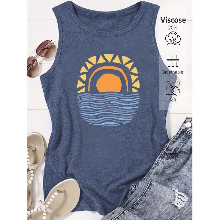 Elegant Vest for Women Geometric Sun Print Casual Loose Summer Vest Fashionable and Elegant Tops for Commuting, Vacation, and Everyday Wear In a