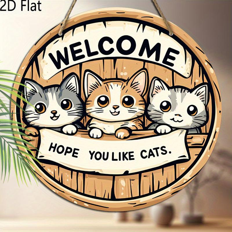 Dekorativt hengeskilt i tre, velkommenskilt, Mønsteret er tre søte katter, innendørs- eller hagedekorasjoner, 2D flat anheng, innflyttingsgaver til venner