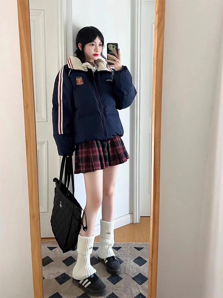 Retro Women's Color Block Stand-up Collar Warm Cotton Jacket - Autumn/Winter Loose Fit Trend
