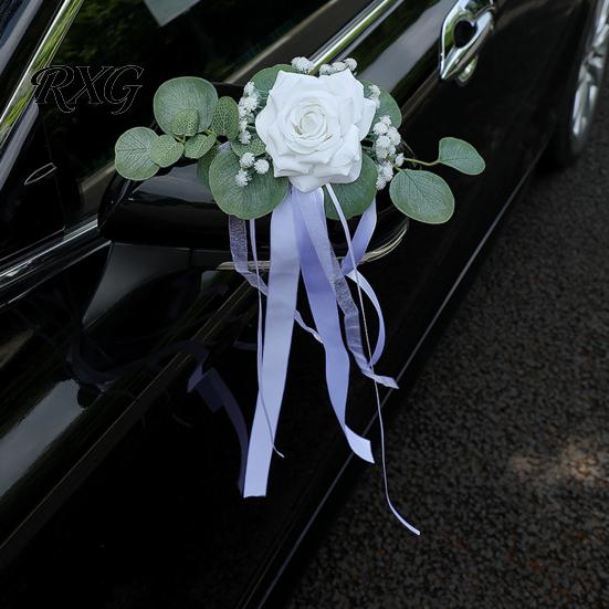 Décoration de Voiture Résistante aux Intempéries Fleur pour Poignée de Porte de Mariage avec Lien Ruban et Feuilles Vertes, Kit Artificiel Blanc Abordable Bouquet Rose pour Rétroviseur Arrière