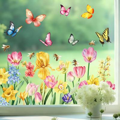Jarní Motýli Tulipány Květina Pták Statické Samolepky na Okno pro Ložnici Obývací Pokoj Domácí Dekorace