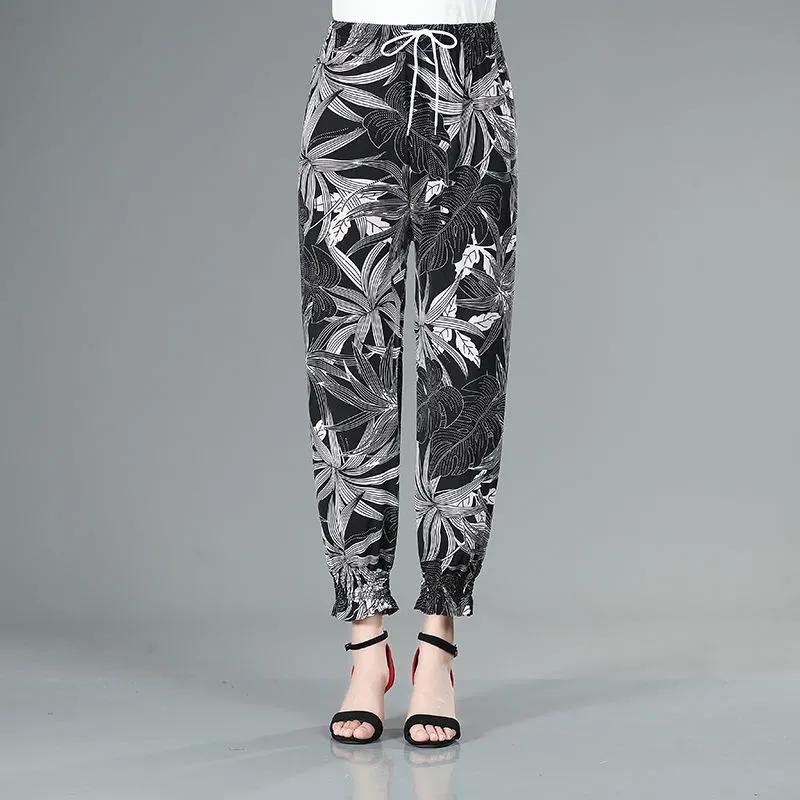 WTEMPO Mom Summer Thin Printed Ice Silk Pants Women Ealstic High Waist Large Size Casual Bloomers Trousers