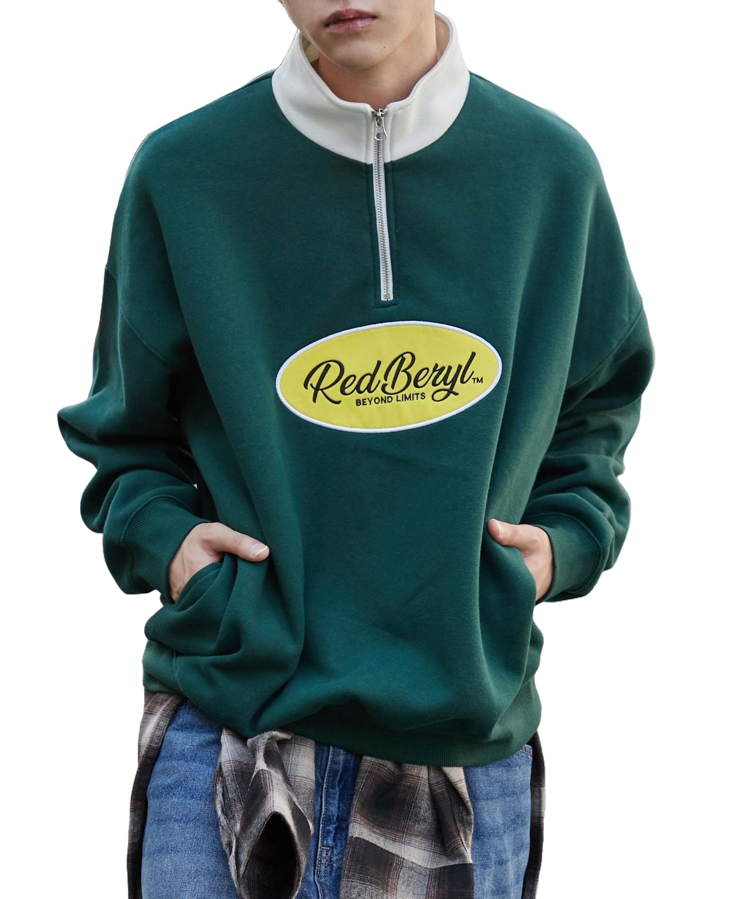 

WEGO Circle Logo Pullover Size Dark Loose Men s Half-Zip Sweatshirt, M, Green, Unisex, Streetwear, Casual, Fit, Fall/Winter Clothes, Gift,